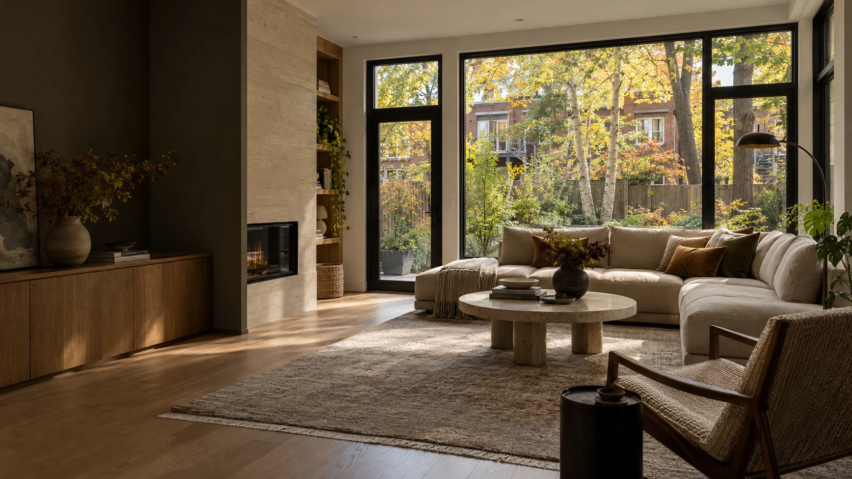 Intérieur contemporain baigné de lumière, ouvert sur le jardin par de grandes fenêtres